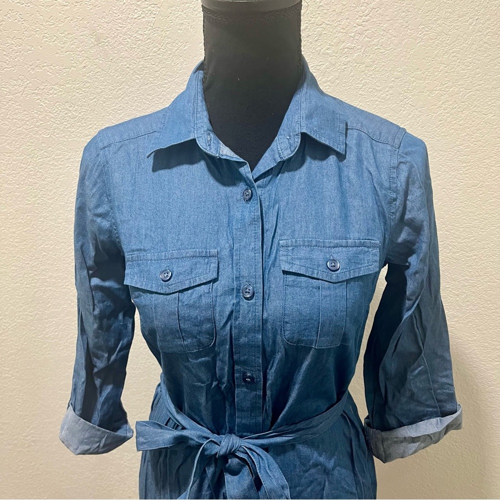 Loft Petite Chambray Button Front Mini Dress With… - image 2